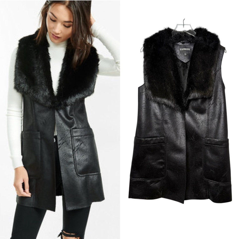 Express Black Faux Fur Oversized Collar Long Line Crackle Sueded Vest Sz L - Picture 1 of 15